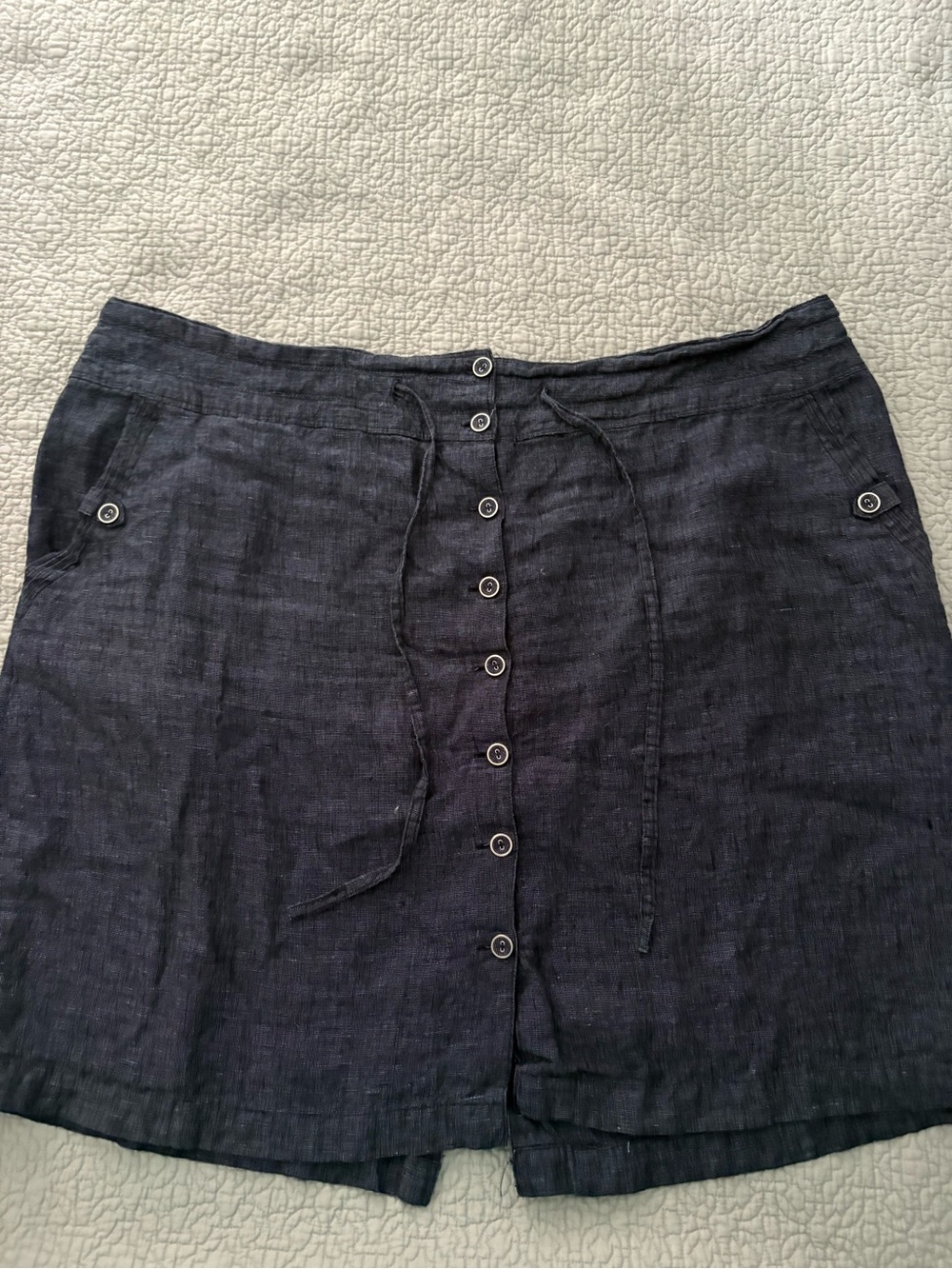 A-Line Button-Front Dark Blue Linen-Blend Skirt